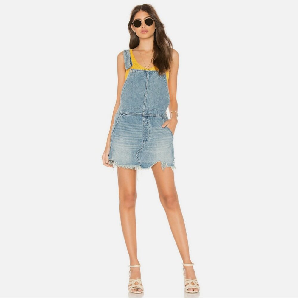 NWOT Free People Torn Up Jumper Denim Overalls Mini Skirt